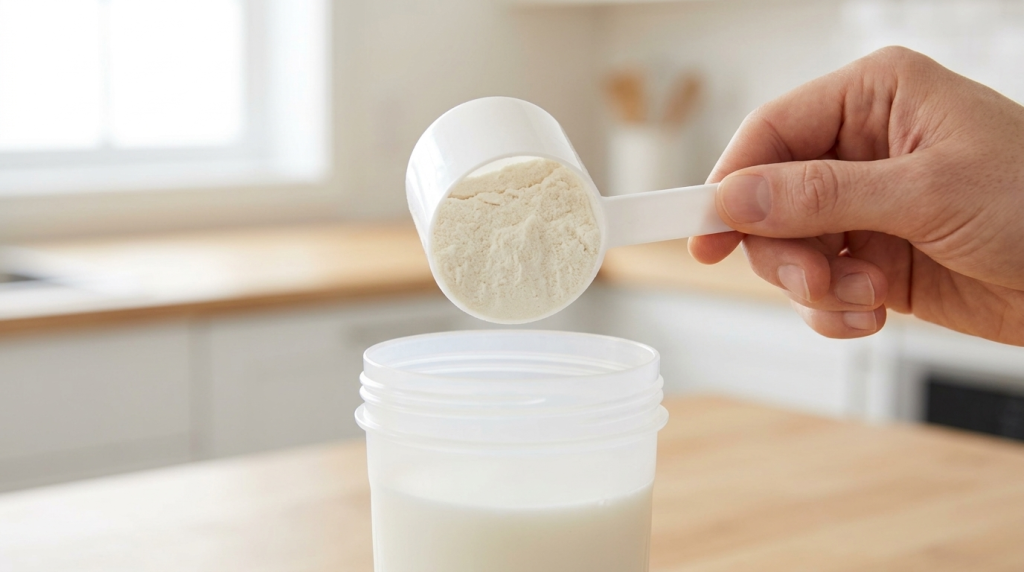 best protein powder being scooped into a shaker filled with milk for an effective protein shake.