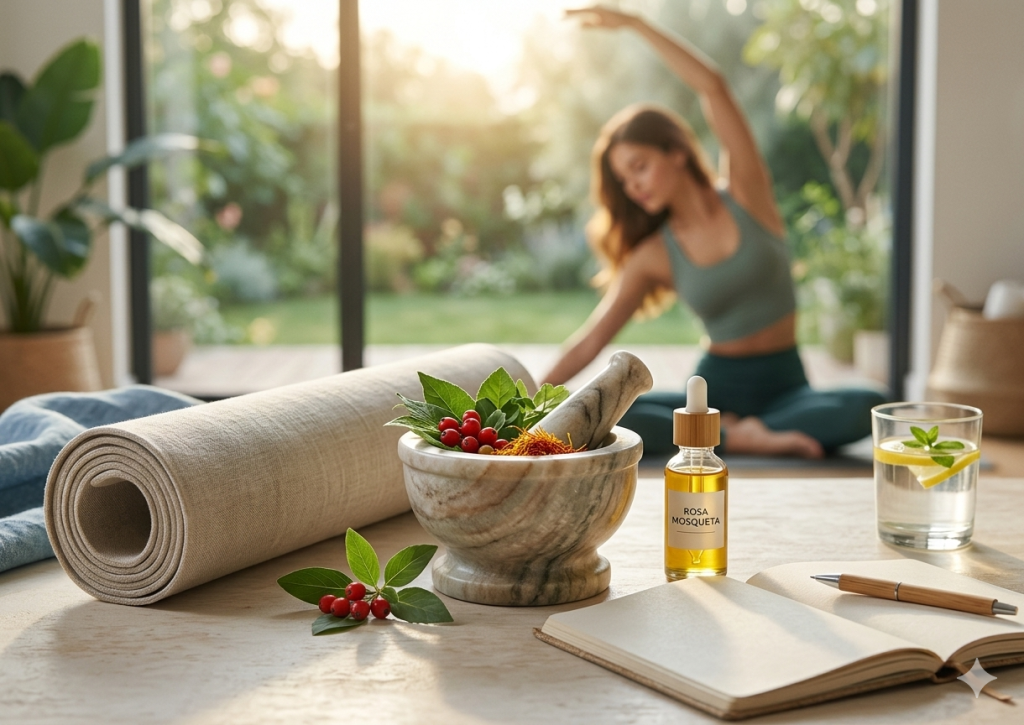 Healthy lifestyle balance with yoga, nutrition, and skincare elements.