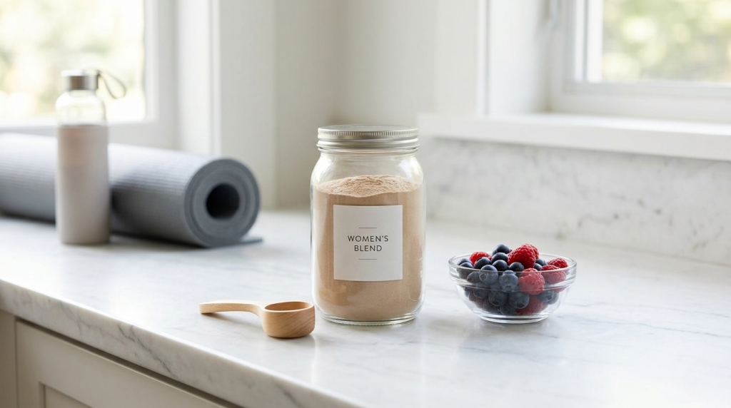 elegant protein powder jar with fresh berries on a marble countertop in a modern us kitchen