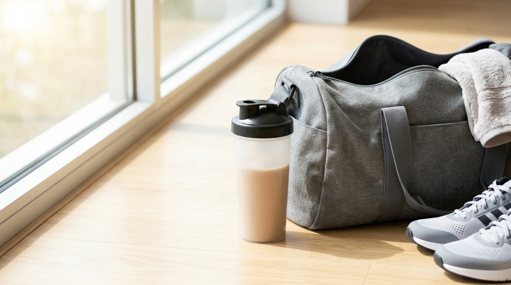 organized gym bag with a protein shaker bottle and running shoes, symbolizing perfect workout timing.