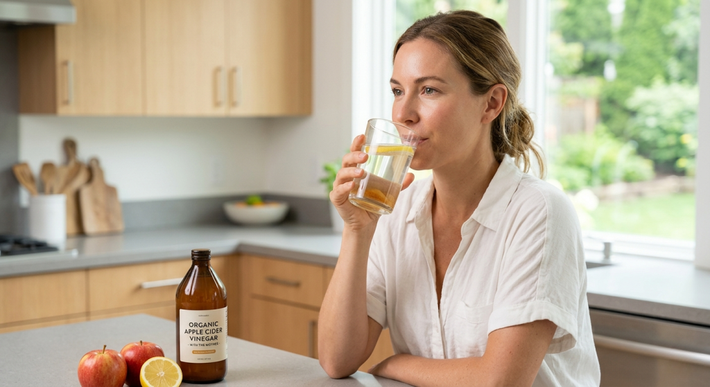 10 Science-Backed Apple Cider Vinegar Benefits for 2026 refreshing morning routine with a woman drinking diluted apple cider vinegar in a bright us kitchen.