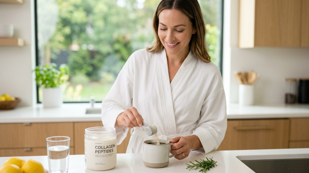 7 Best Collagen Powders for Skin & Joints 2026 - Expert Reviews woman stirring collagen powder into her morning coffee for healthy skin and joints in a bright kitchen.
