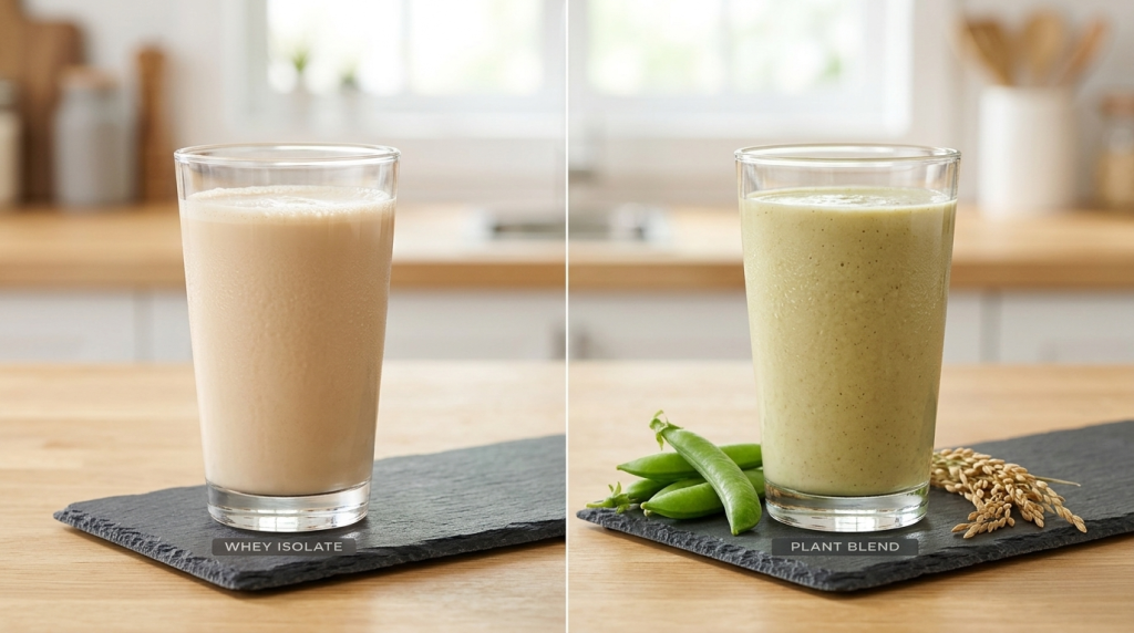 whey protein shake and a plant based protein shake with a pea pod.